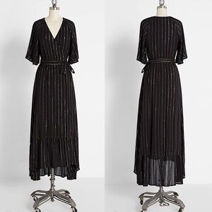 ModCloth Flutter-ly Perfect Gauze Wrap Maxi Dress Black Lurex Metallic 1X‎